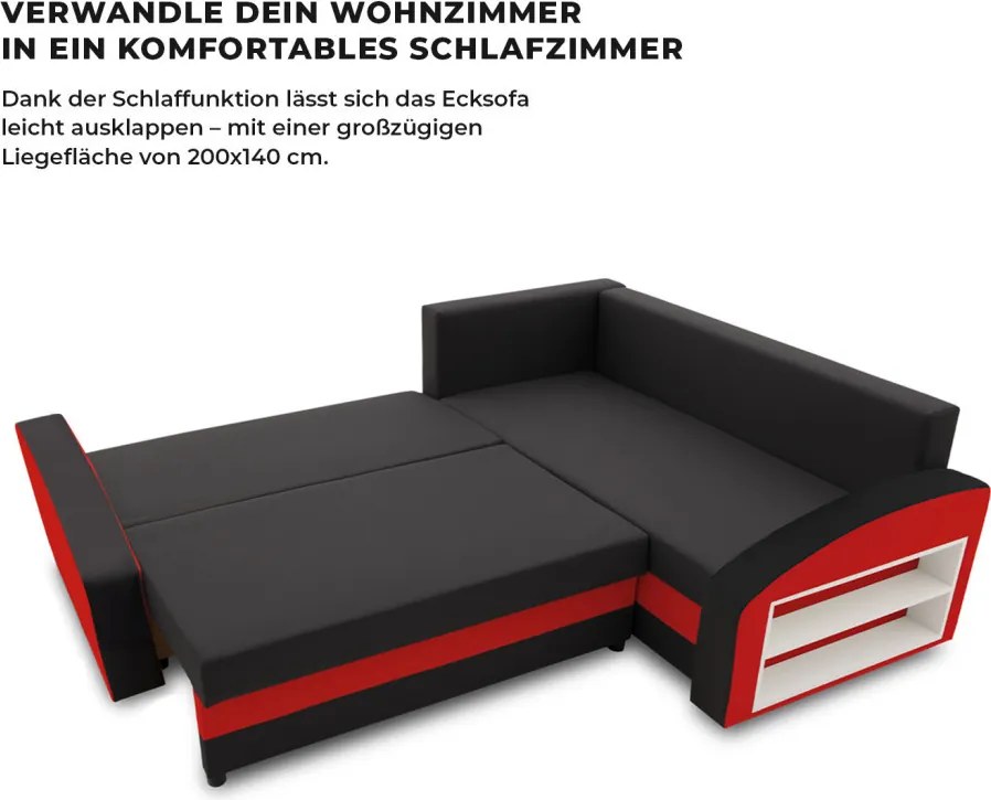 Grande sarokkanapé polcokkal , polc a jobb karfaban, jobboldali, szövet anyag, bonell töltet, fekete - piros