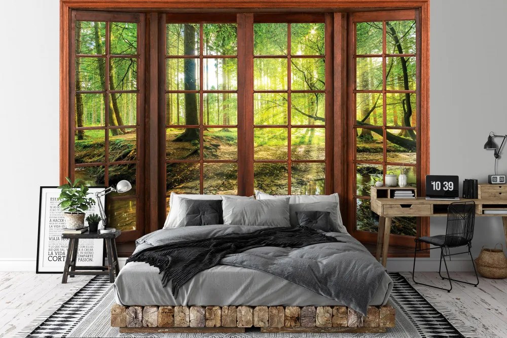 Ablakból kilátás erdőre poszter, fotótapéta, Vlies (400 x 280 cm)