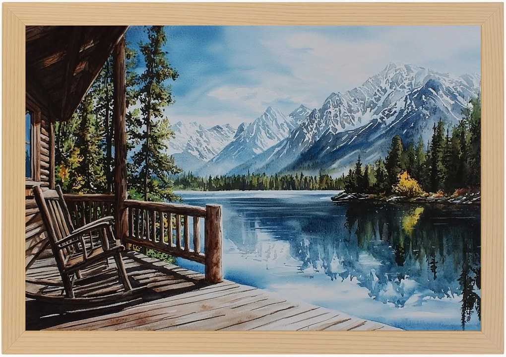 Poszter Keret Fa Tájkép Kanada Hegyek Tó Kunyhó Veranda 60x40