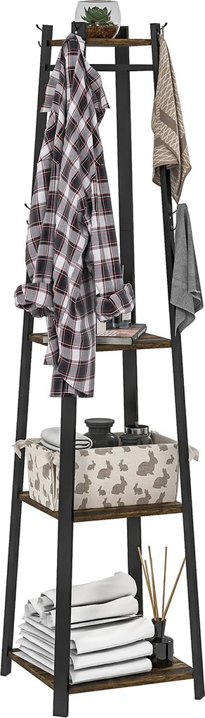 HOMCOM Fali Kabát Akasztó 8 Kampóval, 3 Polccal és Felső Polccal, Trapéz Forma, Előszobához, Hálószobához és Közösségi Térhez, 34x34x170 cm, Rusztikus