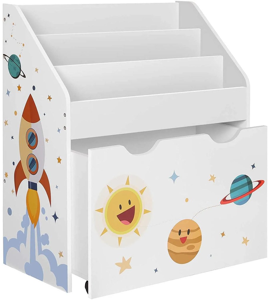 Játéktároló, könyvespolc kivehető kerekes tárolódobozzal