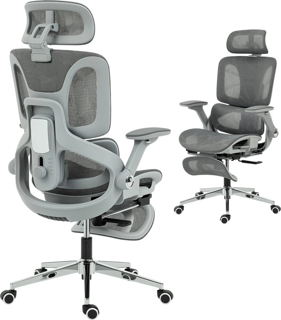 HOMCOM ergonomikus hálós irodai szék — 4D kartámaszok, állítható fejtámla és ülésmélység, deréktámasz, 135° döntés lábtartóval — szürke | Aosom