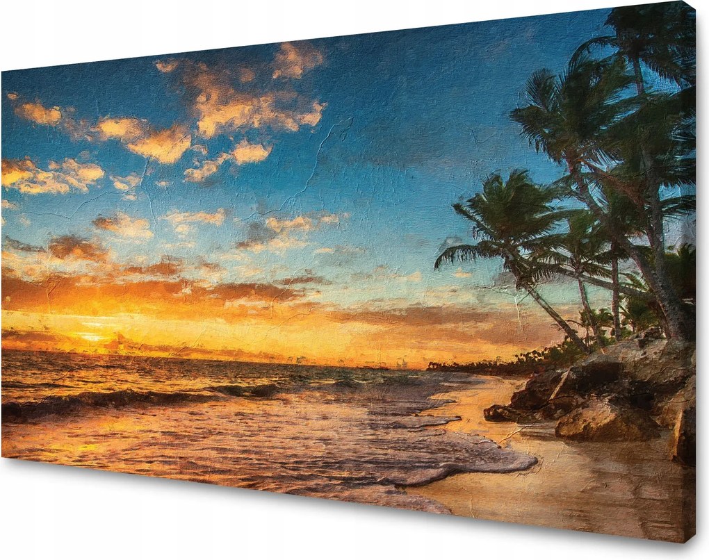 Vászonkép Tengerpart naplemente pálmafák égbolt 90x60 cm