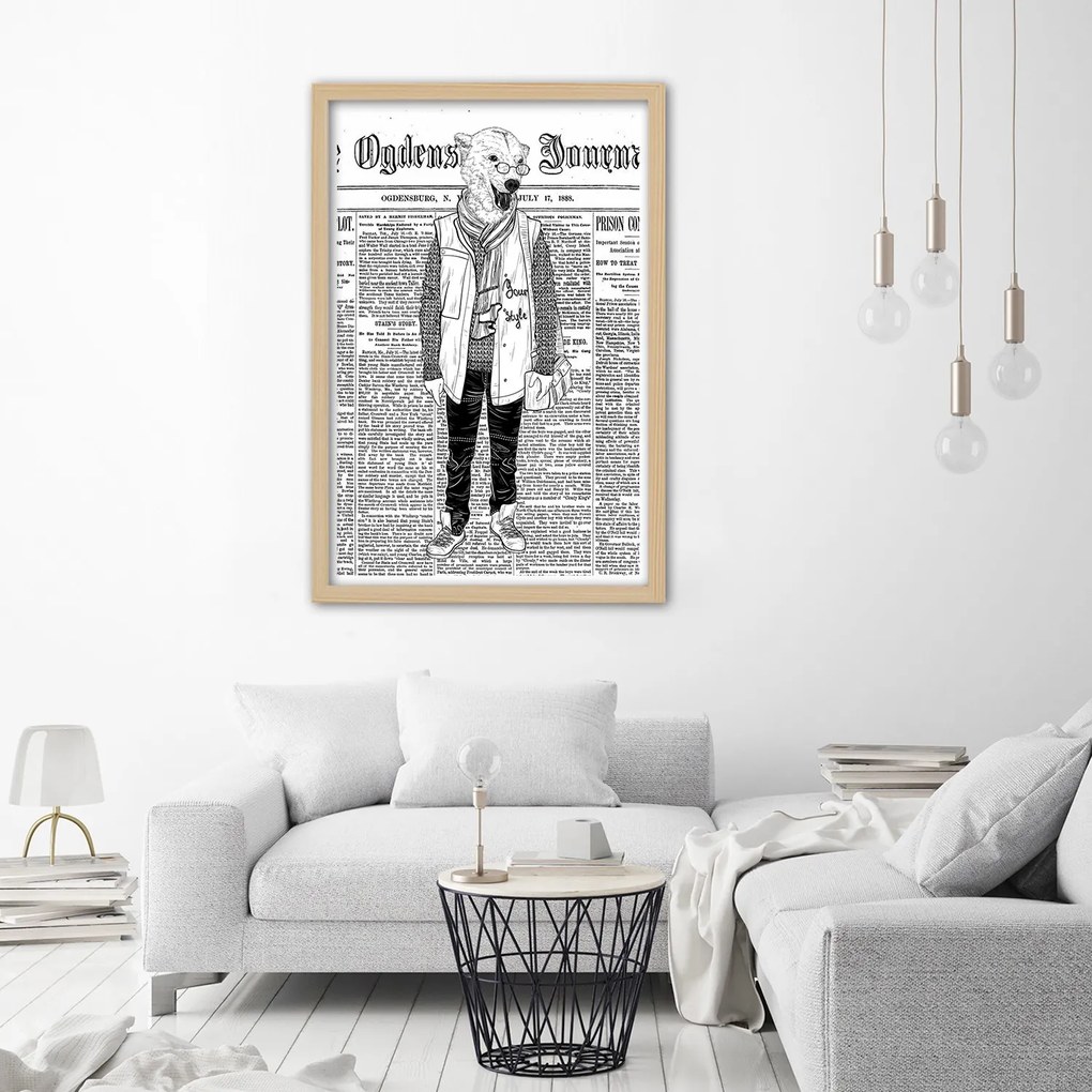 Gario Poszter Absztrakt medve egy újság hátterén A keret színe: Fekete, Méret: 70 x 100 cm