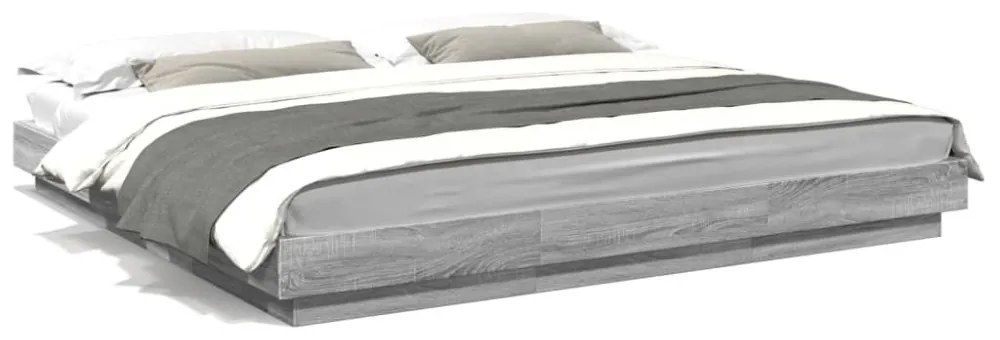 szürke sonoma színű szerelt fa ágykeret LED-del 200x200 cm