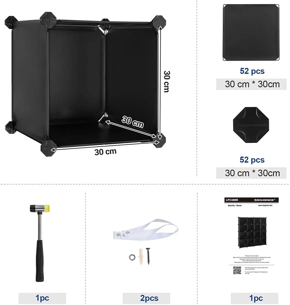 15 kockás tárolóegység, műanyag cipőtartó, fekete