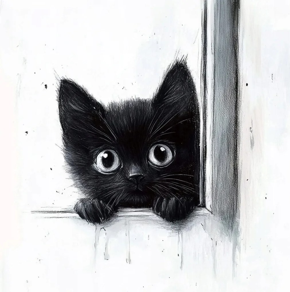 Vászonkép Canvas Grafika Fekete Cica Ablak Kíváncsiság 80x80