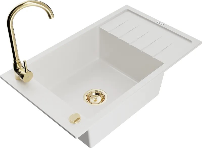 Mexen Elias egymedencés gránit mosogató csepegtetővel és Telma konyhai csapteleppel, fehér - 6511-20-670200-50