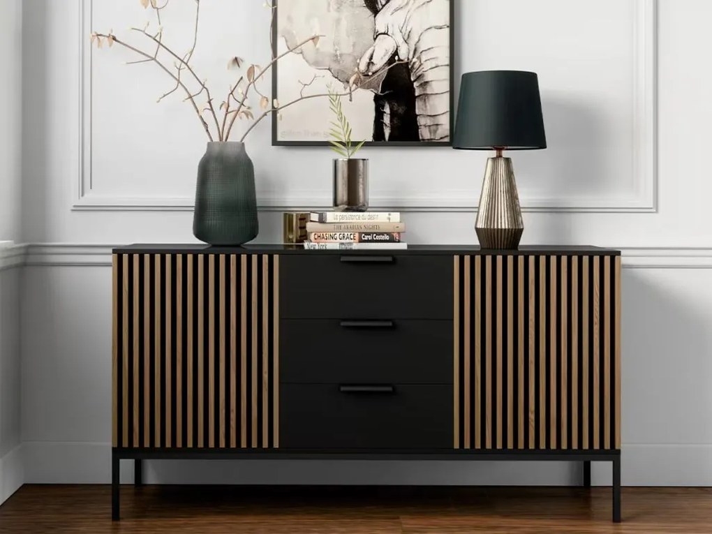 Komód MEORATI 150x40 cm, fekete/tölgy artisan