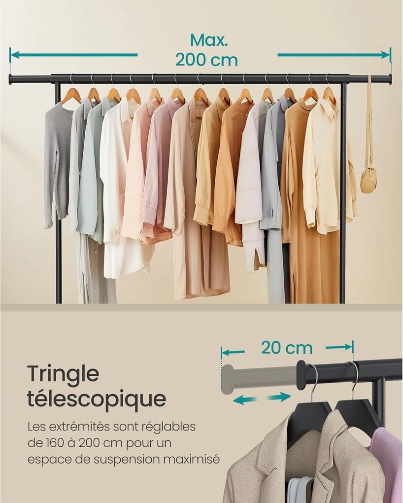 Ruhatartó állvány kerekekkel, extra hosszú,hordozható, fekete