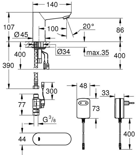 GROHE 36269000 - Elektronikus mosdócsaptelep EUROECO COSMOPOLITAN E 107 mm króm