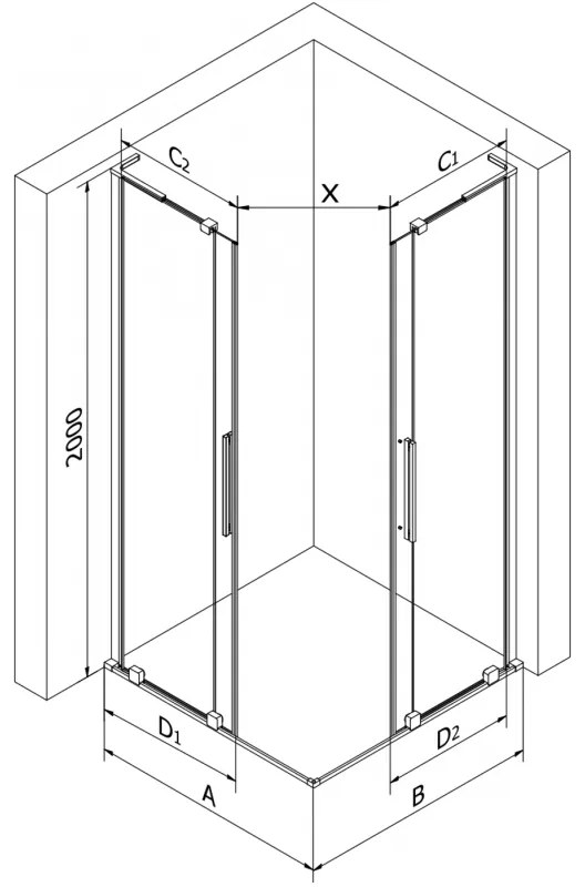 Mexen Velar L Duo, zuhanykabin tolóajtóval 90 x 80 cm, 8mm átlátszó üveg, króm, 871-090-080-02-03-01