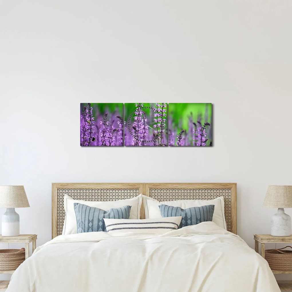 Lila mezei virágok képe (órával) (90x30 cm)