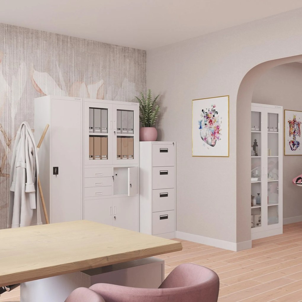 Vitrines fém szekrény üvegezett ajtókkal AMELIA, 900 x 1850 x 400 mm, fehér