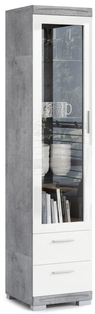 Mazzoni SIMPLE KWD1SZ2 vitrines szekrény Millenium Beton/Fehér Fényes - KÖNYVESPOLC VITRINES SZEKRÉNY NAPPALIBA ÜVEG
