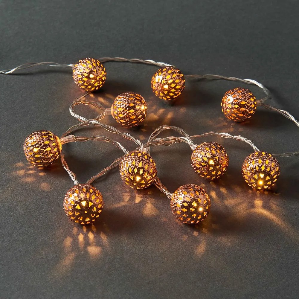 ORIENTAL LIGHTS égősor fém gömbökkel USB kábellel, rozéarany 10 égővel