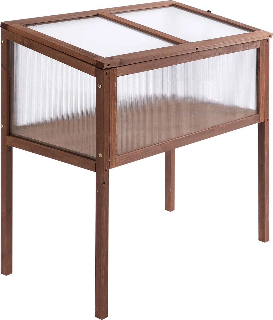 Outsunny Fa Magaságyás Üvegház 90 x 50 x 93 cm Ültetőasztal Fedéllel, Időjárásálló Fűszernövény Ültető Kertbe, Erkélyre és Teraszra Barna | Aosom