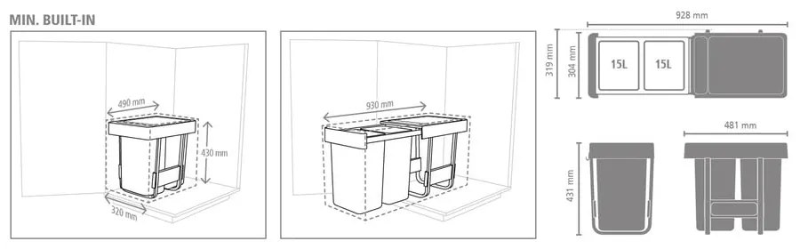 Mentazöld-sötétszürke műanyag szelektív beépíthető szemetes 30 l Sort&Go – Brabantia