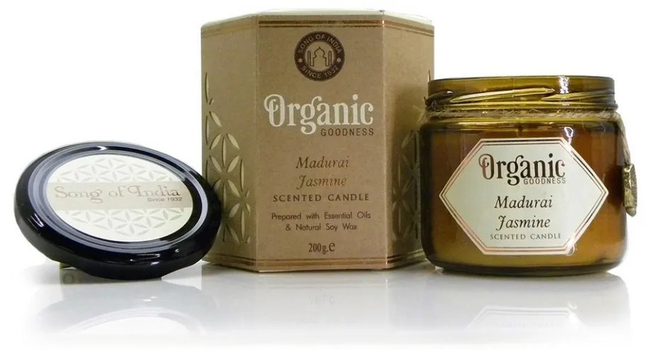Madurai jázmin természetes illatú szója gyertya 200 g borostyánsárga üvegben