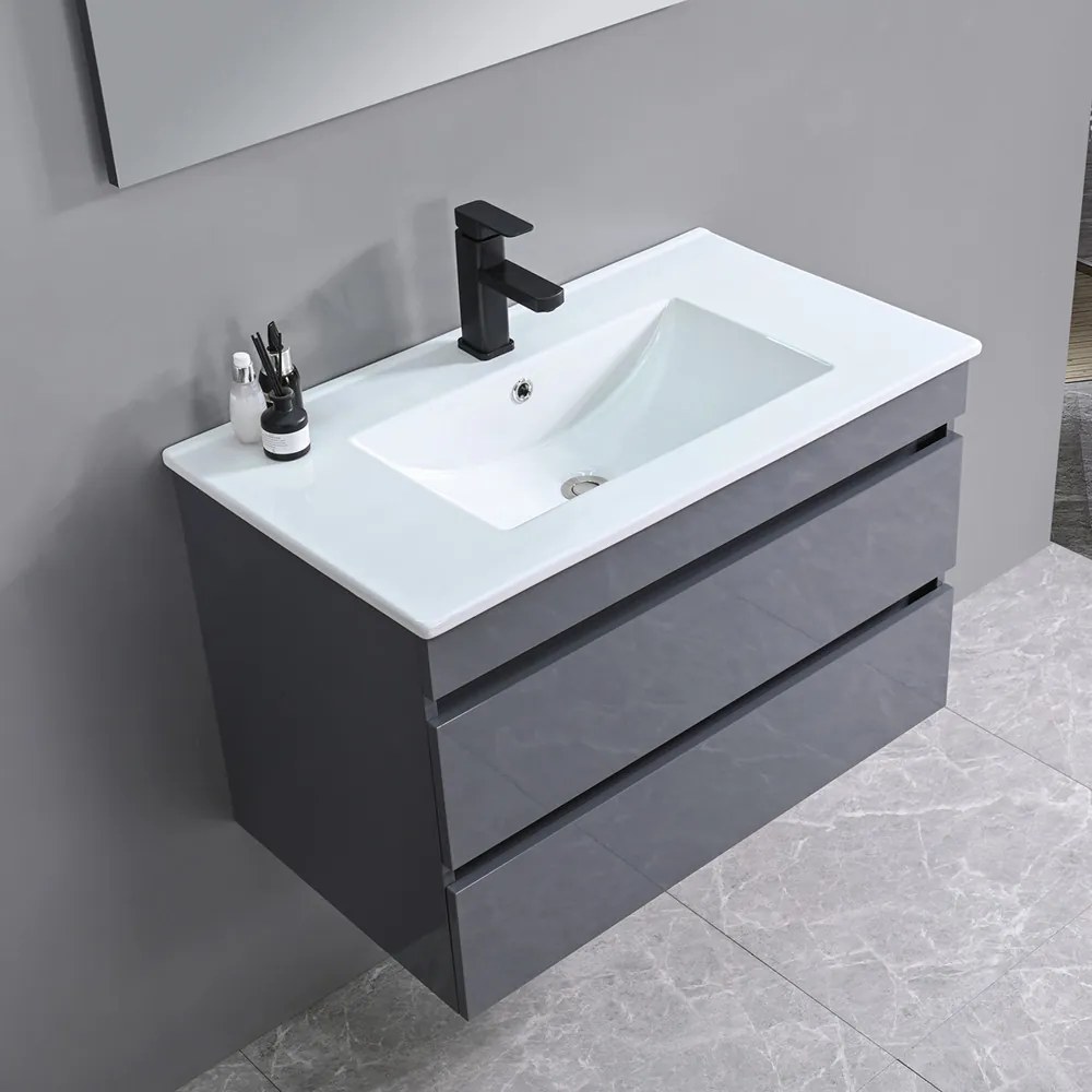 Cube Fürdőszobabútor 80 cm kerámia mosdóval 2 fiókos tükörrel 60x80 cm antracit szürke