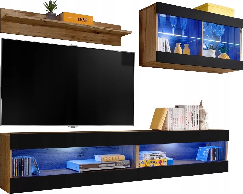 Rtv bútor szett Tivoli SET6 Wotan tölgy/Fekete, Kék Led