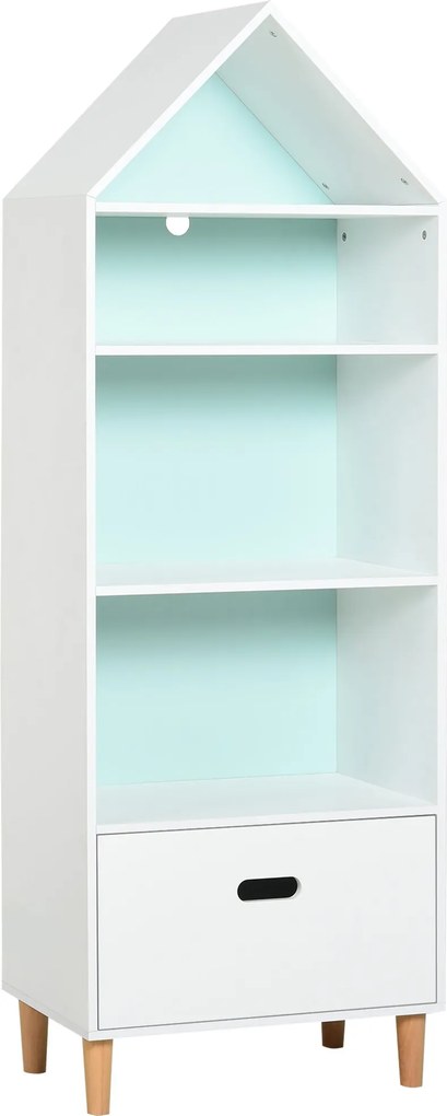 HOMCOM Gyermek Könyvespolc Fából Készült Könyvespolc Gyerekeknek 4 Polccal és 1 Fiókkal, 2 Színsém, Kompakt Méret (50x30x142 cm) - Fehér | Aosom