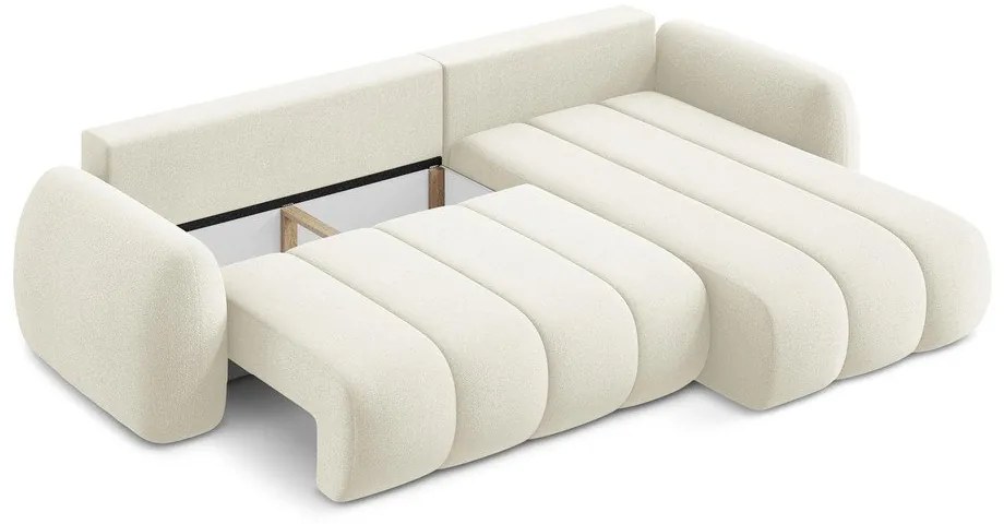 Bézs buklé kinyitható-tárolóhelyes sarokkanapé (jobb oldali-heverő résszel) Pele – Makamii