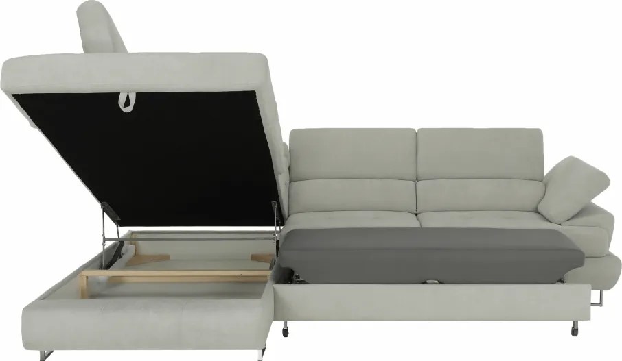 Ülőgarnitúra tárolóhellyel, világosszürke, szövet, balos, BUTON R