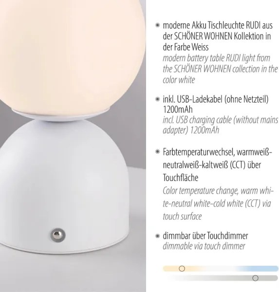 Schöner Wohnen 19218-16 - LED-fényerőszabályozású asztali lámpa RUDI LED/1,2W/5V fehér