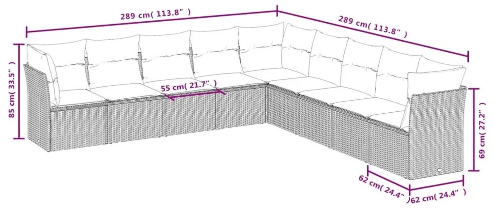 9 részes világosszürke polyrattan kerti ülőgarnitúra párnával