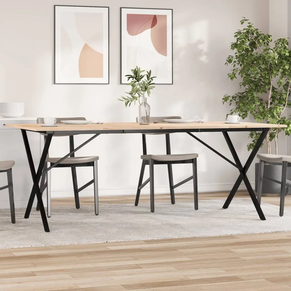 Tömör fenyőfa és acél étkezőasztal X-vázzal 200x100x75 cm