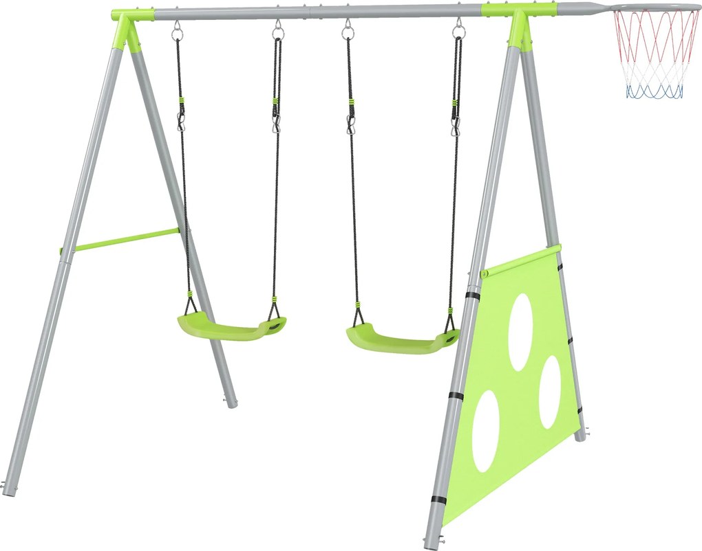 AIYAPLAY 3 az 1-ben hintaállvány kültéri hinta szett 2 hintával, kosárlabdapalánkkal, focikapuval, fém keretes dupla hinta gyermekeknek, gyermek hinta