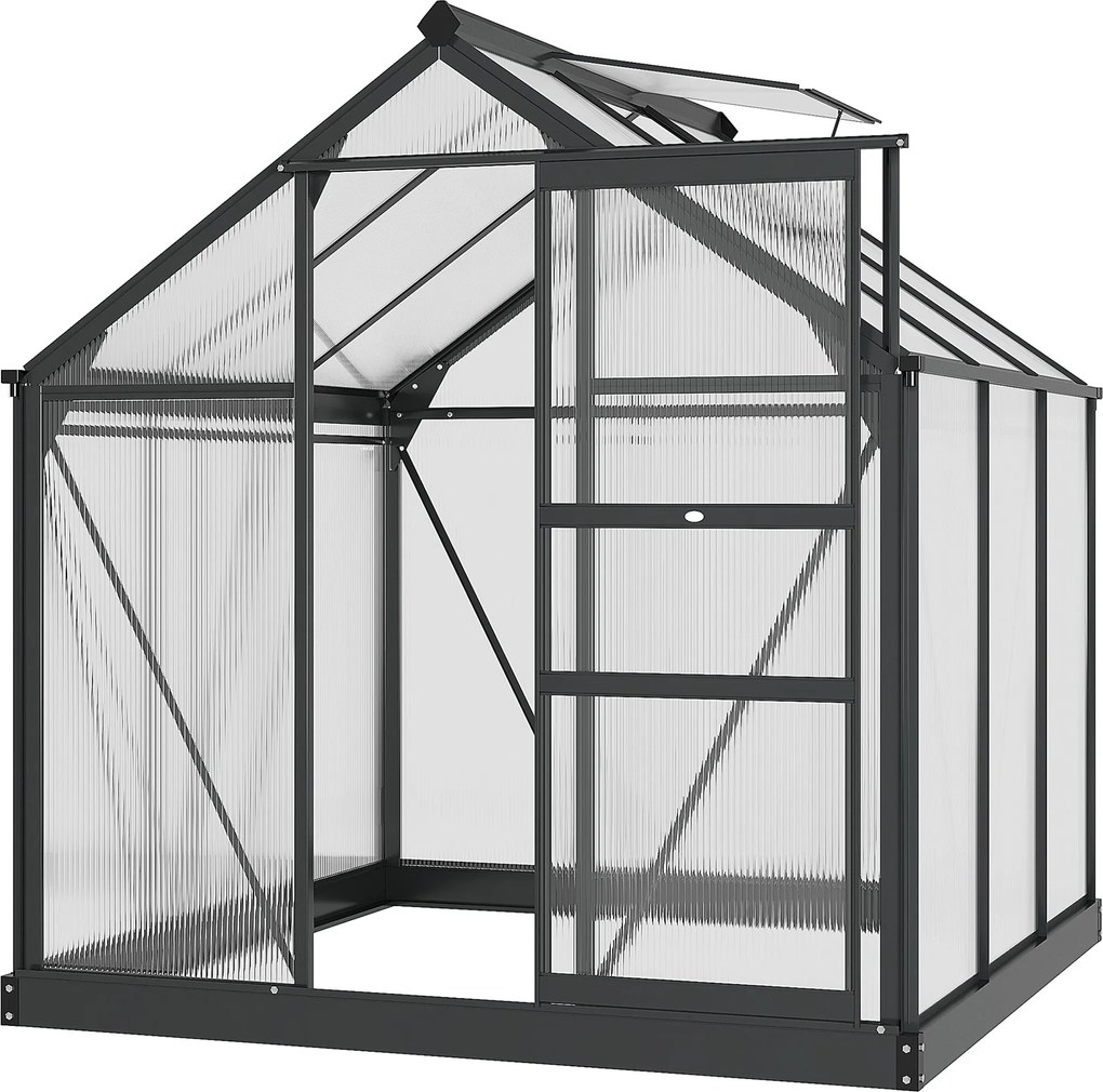 Outsunny Polikarbonát Kerti Üvegház 3.65m² Alumínium Üvegház Kerthez 190 x 192 x 201 cm UV-ellenálló, megerősített alapzattal, csatornával, tetőablakk