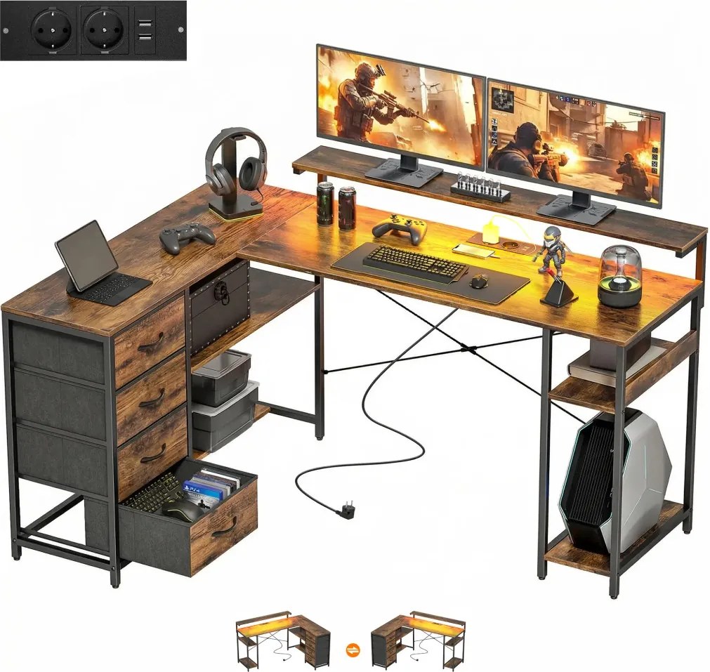 HOMCOM Gamer asztal, LED világítással-konnektorral, 4 fiókkal, monitorállvánnyal, barna