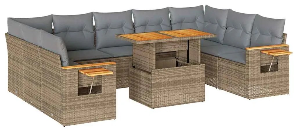 vidaXL 10 részes bézs polyrattan akácfa kerti ülőgarnitúra párnával