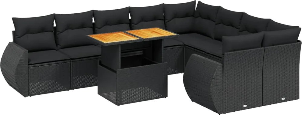 vidaXL 10 részes fekete polyrattan kerti ülőgarnitúra párnákkal