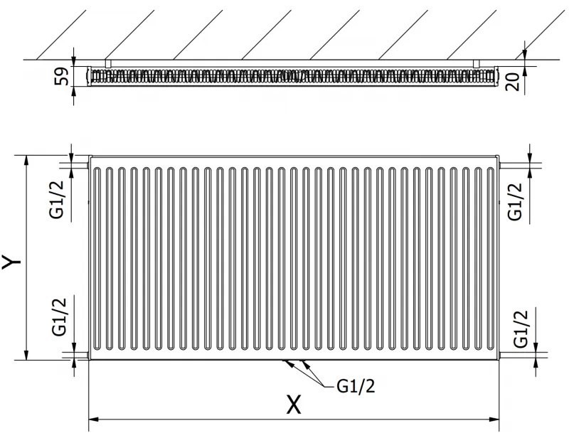 Mexen CC11, panelradiátor 400 x 2800 mm, alsó középső csatlakozás, 1814 W, antracit, W6C11-040-280-66