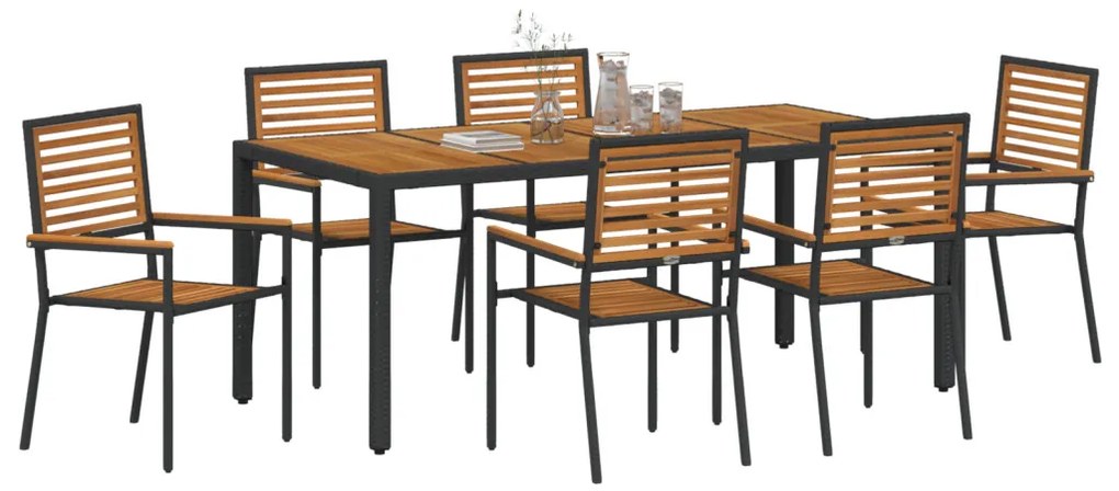 7 Darabos Kert Étkezősor Fekete Poly Rattan Akáccal, Egymásra rakható Kert Székek Párnákkal 2 db Fekete Poly Rattan