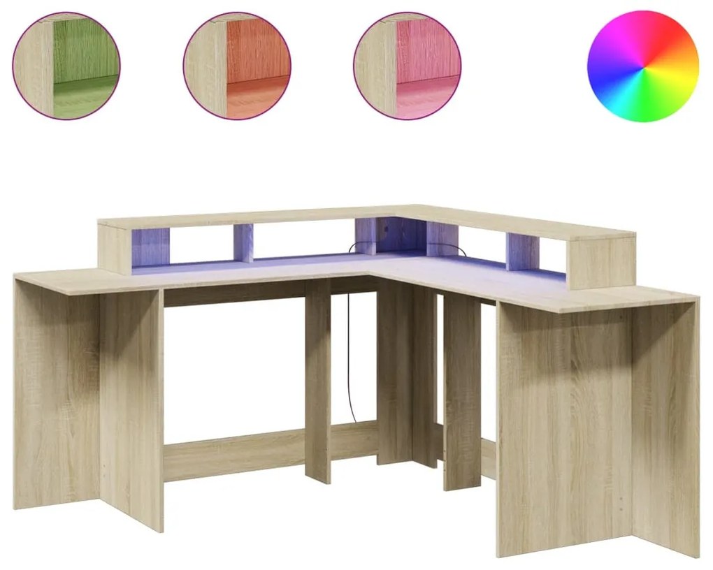 sonoma tölgy színű szerelt fa íróasztal LED-ekkel 152x152x91 cm