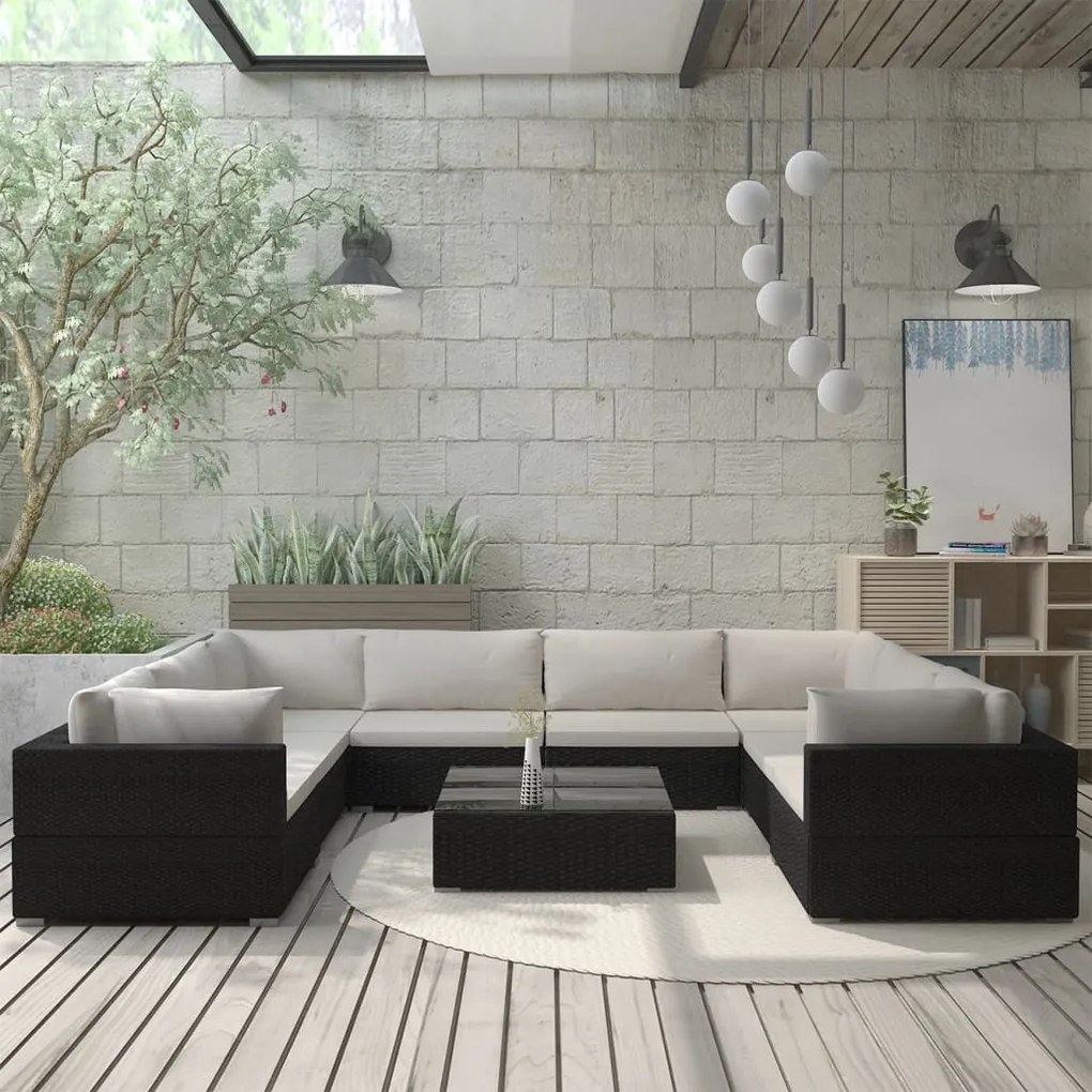 9-részes fekete polyrattan kerti bútorszett párnákkal