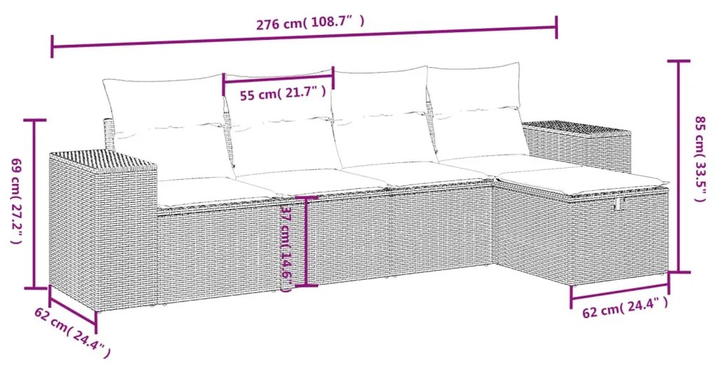 5 részes fekete polyrattan kerti kanapészett párnákkal