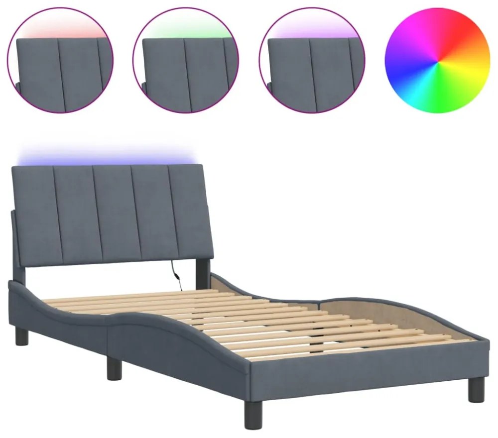 sötétszürke bársony ágykeret LED-világítással 100 x 200 cm