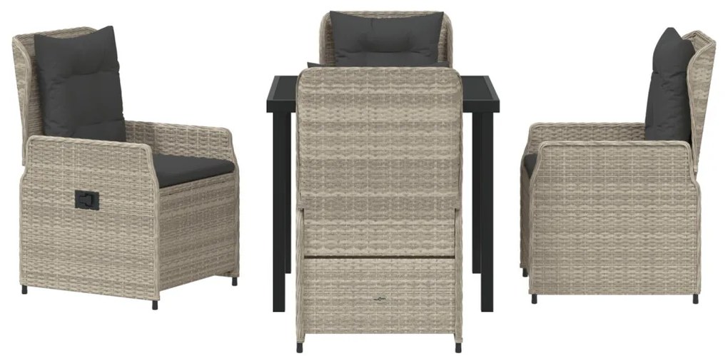 5 darabos kert étkezőszett világosszürke poli rattan, kert asztal fekete 80x80x73 cm edzett üveg