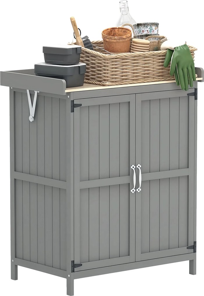 Outsunny Kerti Szekrény Fa, Időjárásálló Szerszámtároló 74x43x88cm, Szerszámos Ház Felemelkedő Tetős Polcokkal, Munkaasztallal, Szerszámszekrény, Kert