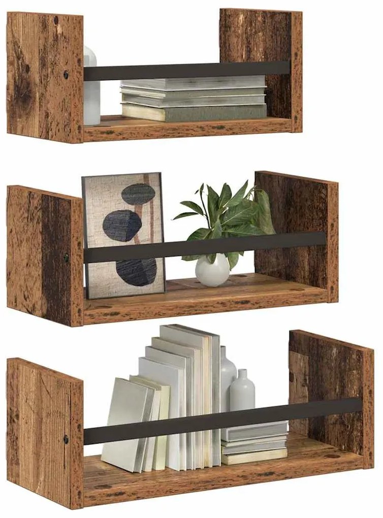 Fali polc készlet polcokkal 3 pcs Öreg fa 40x16x14cm Faanyag