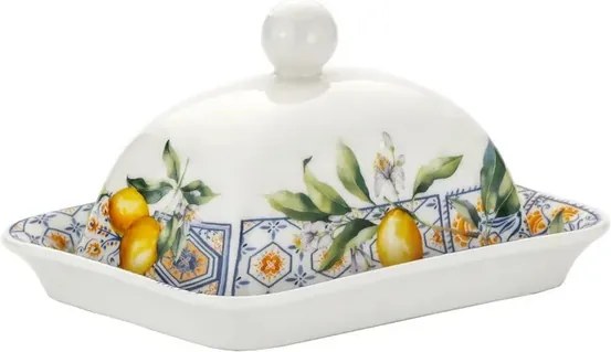 17,8×13 cm-es porcelán vajtartó fedővel, citrom motívummal