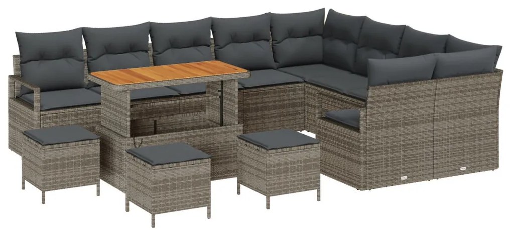 13 Darabos Kerti Kanapé Szett Párnákkal Szürke Poli Rattan Akác, 4 Darabos Kerti Étkezős Szett Párnákkal Szürke Poli Rattan Akác, 2-Fős Kerti Kanapé Párnákkal Szürke Poli Rattan