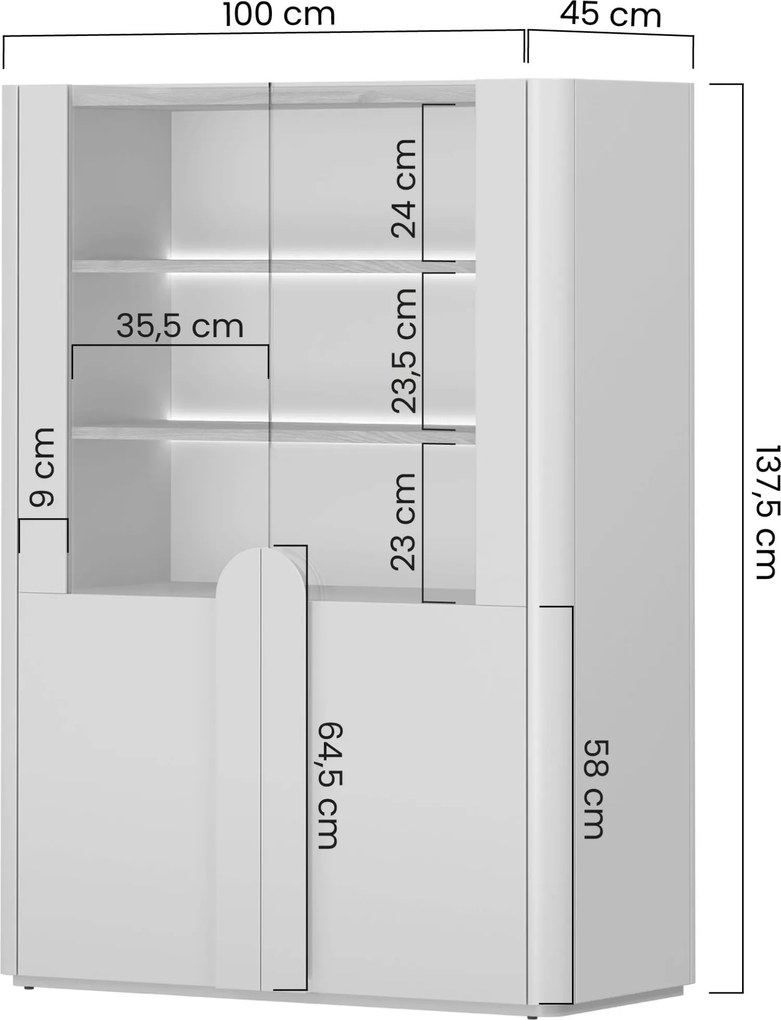 Amilio vitrines szekrény 100 cm, kétszárnyú - eukaliptusz / baltic dune tölgy / natúr tölgy fogantyúk