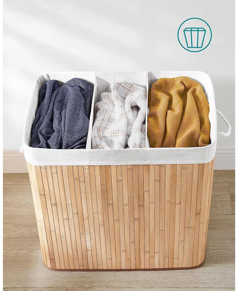 Bambusz szennyeskosár 3 rekesszel, fedéllel és fogantyúkkal, 150 literes