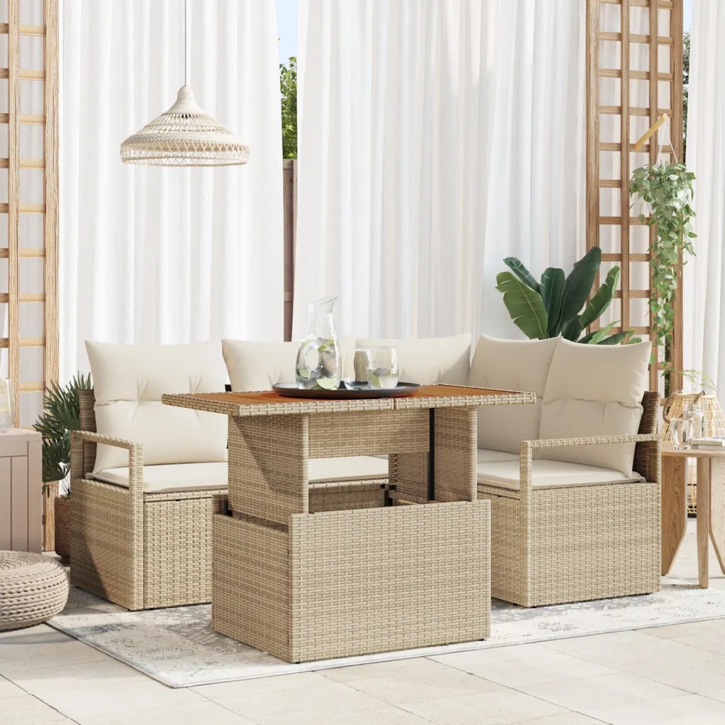 5 darabos kerti kanapé szett párnával Bézs Poli Rattan Acacia